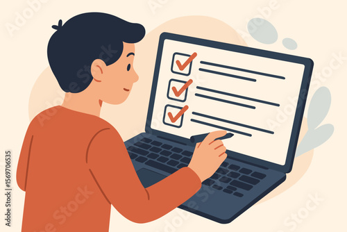 Online survey and evaluation form, person completing digital checklist, assessment, feedback collection, HR evaluation, quiz, task management, remote work, laptop illustration