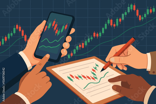 Business team analyzing stock market strategy with smartphone and clipboard, hands drawing technical price graph, red and green candlestick chart, financial trading concept