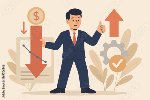 Businessman Illustrating Cost Reduction and Quality Improvement, Project Management Strategy, Budget Control, Financial Analysis, Efficiency, Success, Performance Optimization