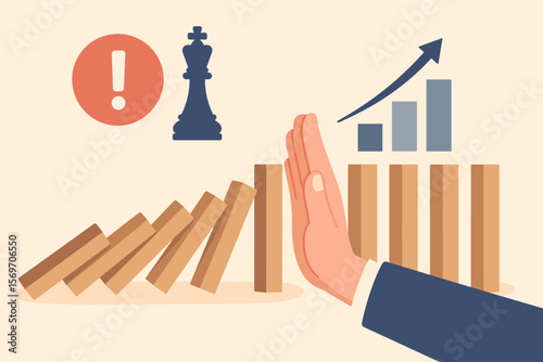 Business Risk Management Strategy, Hand Stopping Falling Dominoes, Preventing Crisis, Protecting Growth, Stability, Leadership, Success, Financial Protection, Prevention Concept