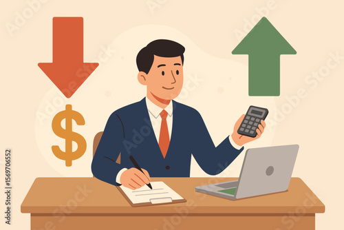 Businessman Analyzing Project Cost and Quality Control, Budget Management Strategy, Financial Planning, Down Arrow for Cost, Up Arrow for Quality, Office Workspace Concept