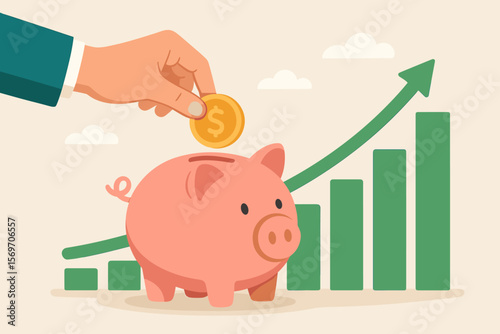 Saving and Investment Growth Concept. Hand Putting Coin in Piggy Bank with Upward Green Bar Chart. Stable Returns, Personal Finance, Wealth Accumulation, Long-Term Savings, Financial Planning