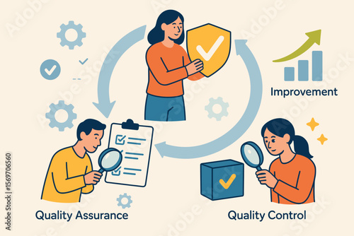 Quality Management Process Concept with Quality Assurance QA, Quality Control QC, Improvement, Checklist, Magnifying Glass, Shield, Teamwork, Flat Vector Illustration