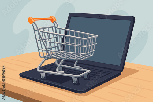 Online shopping concept with empty shopping cart on laptop keyboard, digital e-commerce illustration, internet retail, modern flat vector cartoon design