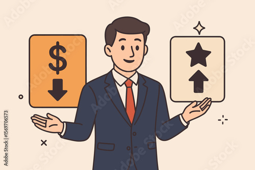 Businessman Illustrating Cost Reduction and Quality Improvement Strategy, Project Management, Budget Control, Quality Assurance, Financial Planning, Business Success Concept