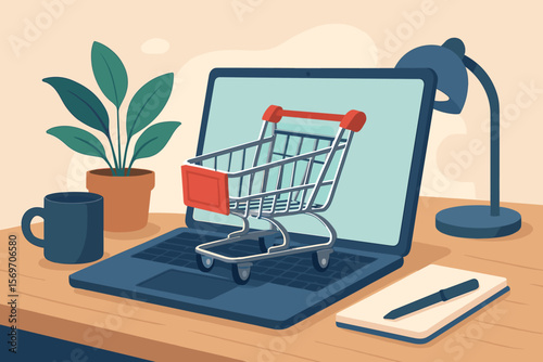 Online shopping concept. Shopping cart on laptop keyboard at home office desk. E-commerce, digital retail, internet purchase, modern technology, remote work, flat vector illustration