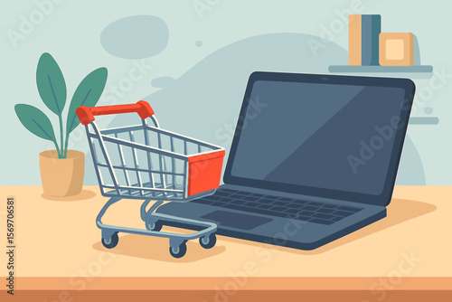 Online shopping concept with shopping cart and laptop on desk. E-commerce purchase, digital retail, internet store, home office workspace. Modern flat vector illustration