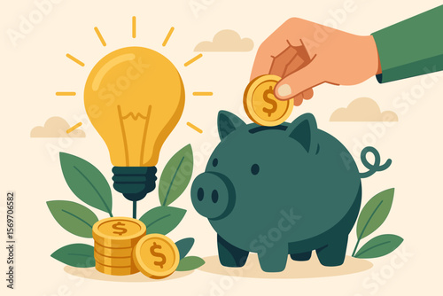 Financial savings and energy efficiency concept with piggy bank, coins, lightbulb idea, investment growth, money management, eco-friendly budget planning, modern flat vector illustration