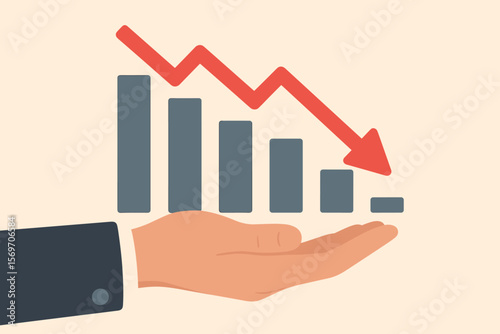 Stock market crash concept. Hand holding declining bar chart with red arrow. Financial loss, recession, poor economy, investment failure, downturn, crisis, bankruptcy, risk