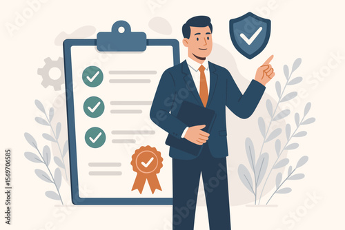Business compliance certification concept. Manager with checklist, quality assurance, standardization, regulations, audit process, security approval, flat vector illustration