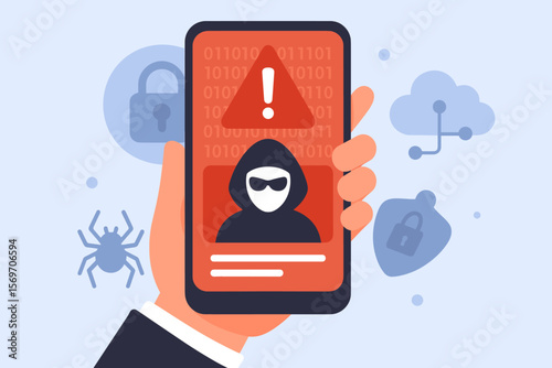 Cybersecurity warning alert on smartphone screen, hacker threat, digital danger, malware, virus attack, data breach, network security risk, system protection, cybercrime concept