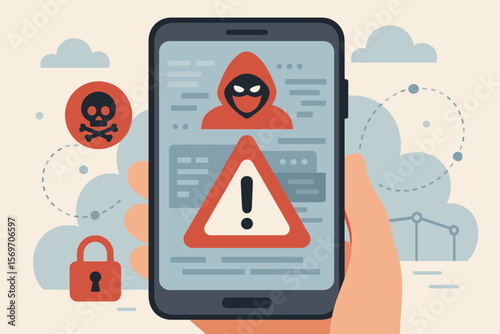 Cybersecurity warning alert on smartphone screen, hacker threat, malware risk, digital danger, network breach, data protection, mobile security, cyber attack concept illustration