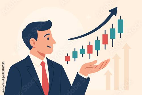 Businessman Presenting Rising Candlestick Chart, Stock Market Growth, Investment Opportunity, Financial Success, Trading Analysis, Bullish Trend, Economic Progress Concept