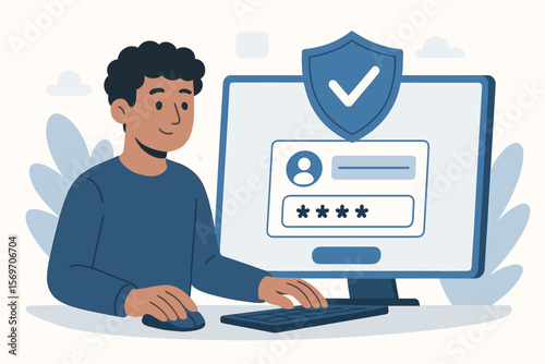 Secure login authentication process illustration with user at computer, shield checkmark icon, password entry, cybersecurity, data protection, online privacy, digital security