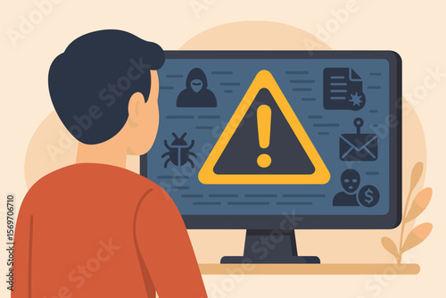 Cybersecurity threat warning computer screen. User viewing caution triangle alert. Hacking, data breach, phishing, ransomware, malware, spyware, virus, online fraud, cybercrime