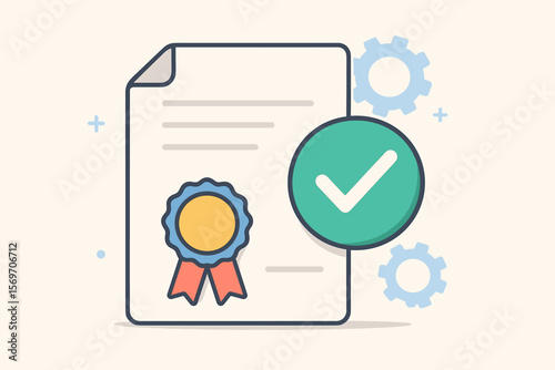 Quality control certificate with check mark symbol, ISO certified business standards, international product assurance, compliance, guarantee, official approval, certification document