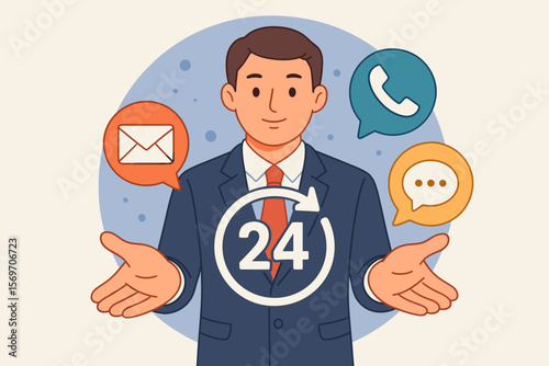 Customer service 24/7. Support concept with businessman agent offering help. Contact center with icons for phone, chat, email. Always on client assistance & communication.