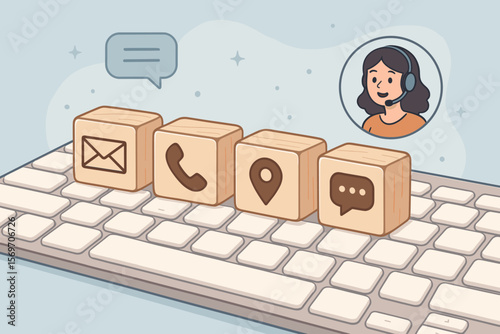Contact Us Customer Support Concept with Email, Phone, Address, Chat Message Icons on Wooden Cubes, Keyboard, Online Communication, Website Hotline, Digital Assistance Illustration