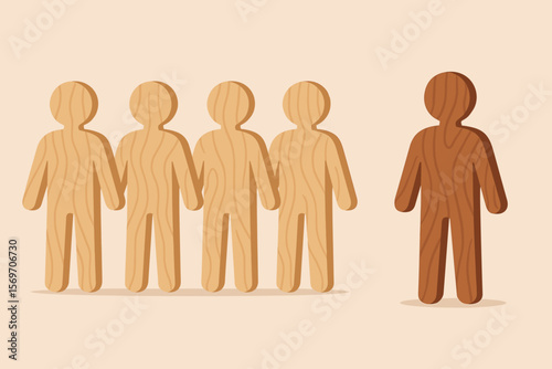 Leadership and Teamwork Concept. Unique Wooden Figure Standing Apart from Group. Diversity, Inclusion, Individuality, Team Leader, Difference, Modern Flat Vector Illustration