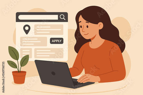 Woman Using Laptop for Online Job Search, Career Opportunity Exploration, Applying for Work, Employment Application, Modern Flat Vector Illustration, Remote Work Concept