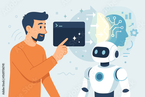 Man interacting with AI robot. Developer using command prompt to program artificial intelligence. Machine learning, futuristic technology, automation, chatbot concept illustration.