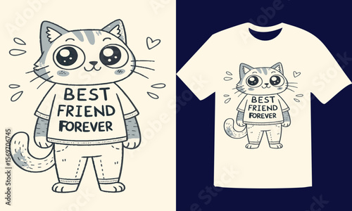 Adorable cartoon cat wearing a shirt with best friend forever text cute animal