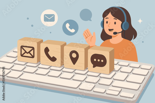 Contact Us Page Concept Customer Support Hotline Email Marketing Communication Icons on Keyboard Cubes with Phone Address Chat Message Symbols Digital Assistance Vector