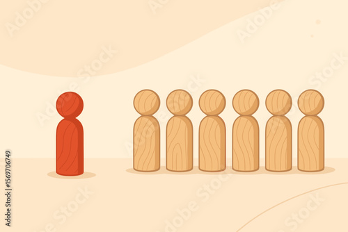Leadership and Teamwork Concept. Unique Red Wooden Figure Standing Apart from Group of Beige Wooden Figures. Individuality, Leader, Team, Difference, Management, Flat Vector Illustration