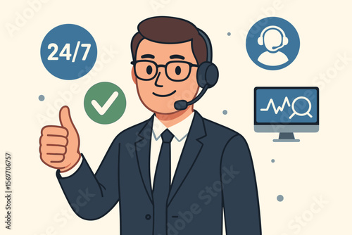 Friendly call center agent gives thumbs up for 24/7 technical support service. IT assistance concept, customer satisfaction, quality guarantee, approval checkmark, monitoring.
