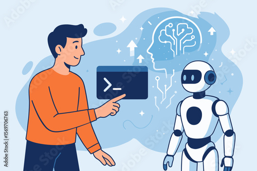 Man programmer interacts with smart robot using a command prompt. Concept of artificial intelligence, machine learning, deep learning, chatbot development and futuristic tech.