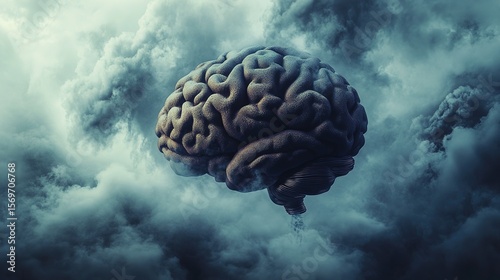 A surreal image of a human brain floating in a stormy, cloudy sky, symbolizing thoughts, intelligence, and the complexity of the mind.