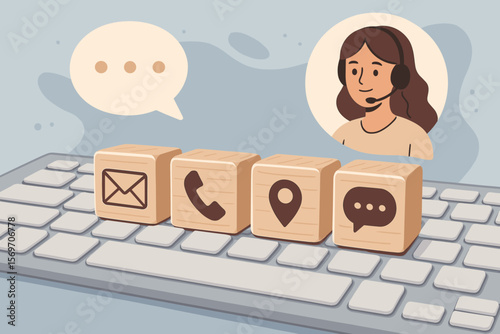 Contact Us Page Concept Customer Support Hotline Email Marketing Communication Cubes with Phone Address Chat Message Icons on Keyboard Vector Illustration