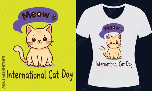 Adorable cartoon cat celebrating international cat day with meow speech bubble kitten