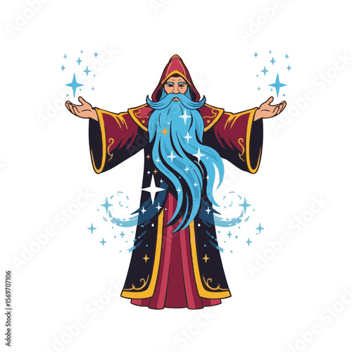 Bearded Mage with Swirling Stars and Sparkle Robes, Flat Icon Design