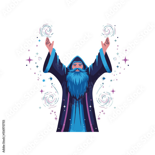 Bearded Mage with Swirling Stars and Sparkle Robes, Flat Icon Design