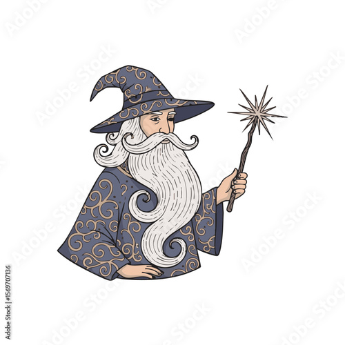 Wizard with Scroll-Like Beard and Wand with Starburst Tip, Flat Icon