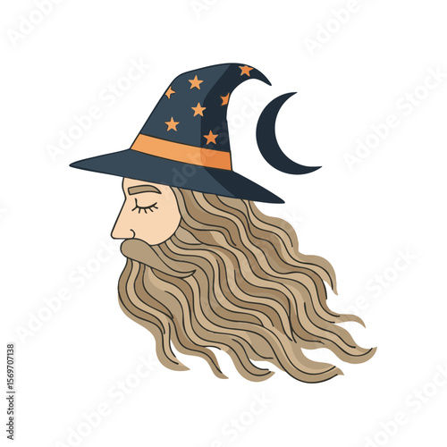 Wizard Profile with Crescent Moon and Layered Flowing Beard, Flat Icon