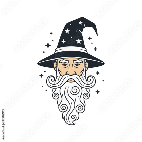 Classic Bearded Wizard with Pointed Hat and Spiral Beard, Flat Icon