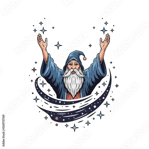 Bearded Mage with Swirling Stars and Sparkle Robes, Flat Icon Design