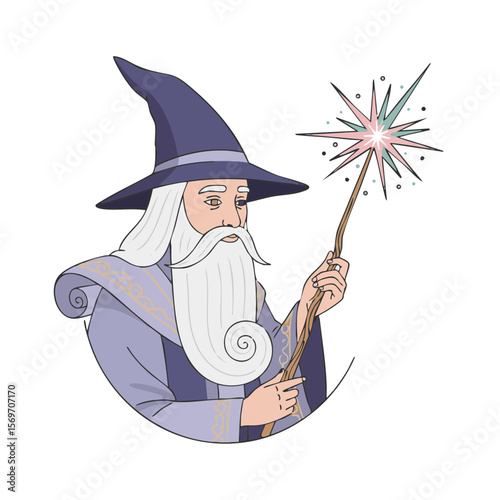Wizard with Scroll-Like Beard and Wand with Starburst Tip, Flat Icon