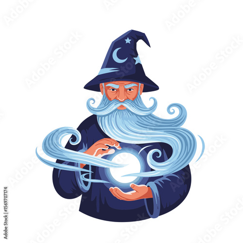 Wizard with Beard Flowing Around Magic Orb, Flat Fantasy Icon