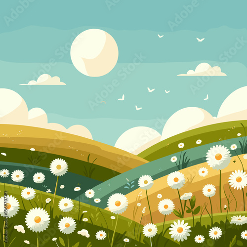 Charming spring landscape, cheerful mood, with blooming daisies and rolling hills under a sunny sky