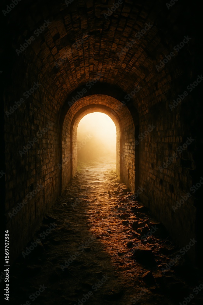Fototapeta premium Ancient brick tunnel leading to light