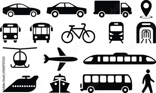Collection of black transportation icons including cars buses trains planes and boats