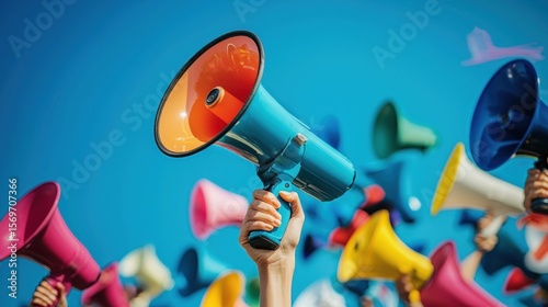 A hand holding a blue megaphone with colorful speakers in the background.