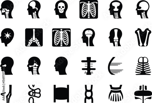 Collection of medical x ray and bone icons representing human anatomy and healthcare