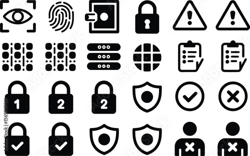 Collection of security and privacy icons including eye scan fingerprint wallet and locks
