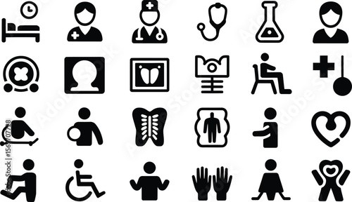 Collection of medical and healthcare icons representing patient care and treatment