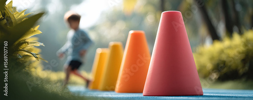Child running agility course, colorful cones in focus. Represents childhood, growth, development, competition, and success. Ideal for education, sports, fitness themes.