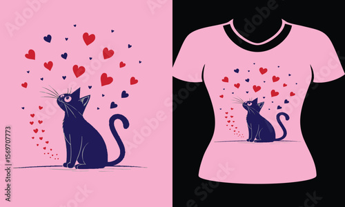Dark feline gazing upwards at falling crimson and azure hearts blue